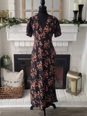 Dark Romance Black Floral Print Empire Waist Short Puff Sleeve Midi Dress Xs